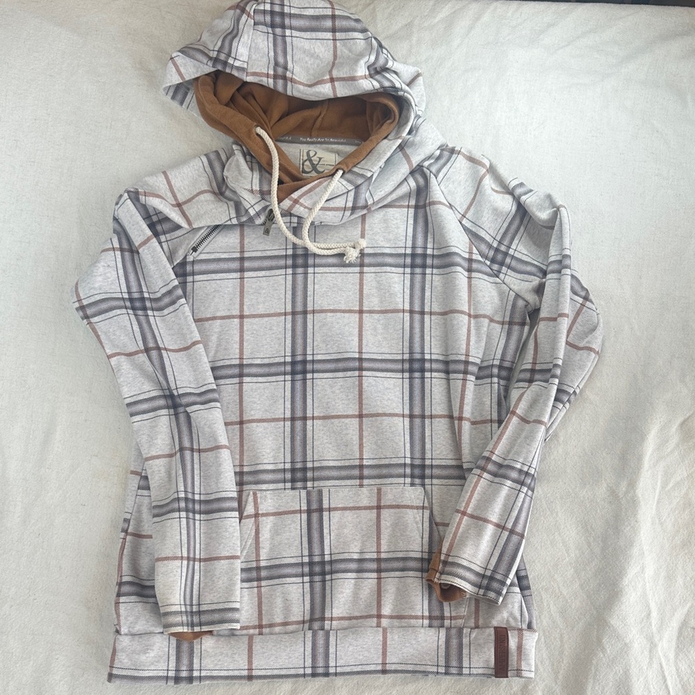 AMPERSAND AVE Plaid Hoodie - Gray and Brown
